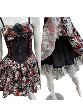 Hot Topic Lip Service Day Dead Sugar Skull Corset Dress Rockabilly Gothic Tulle